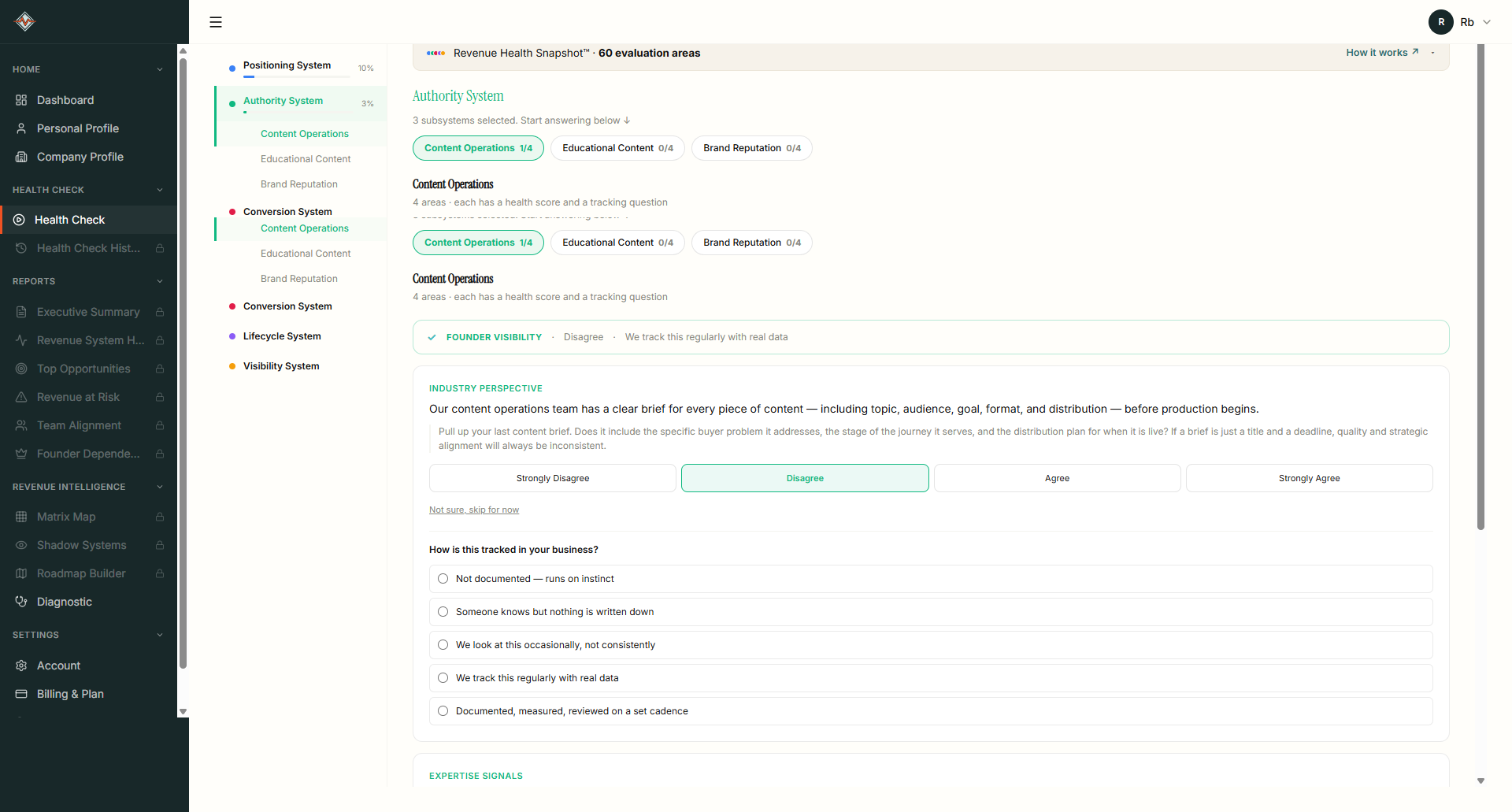 Revenue Health Snapshot questions comparing system health and tracking